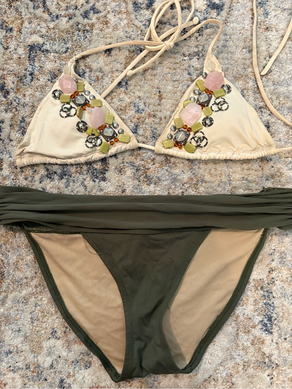 VILA Beige and Olive Green Bikini Bottoms